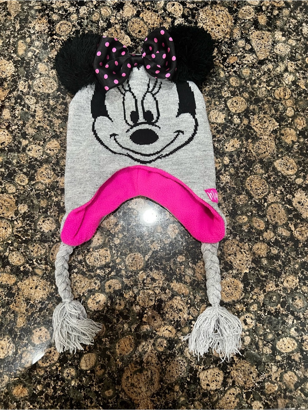 Disney Grey Minnie Mouse Earflap Hat with Black Pom Ears and Pink Lining
